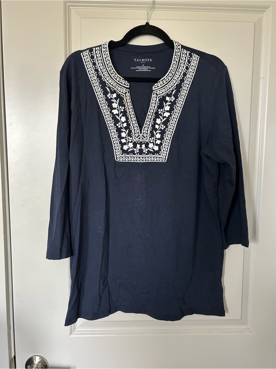Talbots Tops - Talbots Navy Tunic with White Embroidered V-Neck